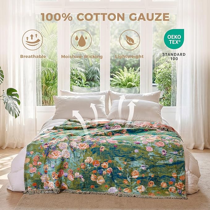 LUTBM Boho Throw Blanket for Couch Sofa Chair Spring Cotton Blankets for Bedroom Living Room All Season Soft Lightweight Reversible Floral Embroidery Decorative Throws 50"x60" Home Decor