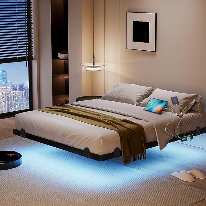 qimamo 14 Inch Floating Full Bed Frame with Smart LED Lights and Charging Station, Modern Metal Full Bed Frame, Easy to Assemble, No Box Spring Needed