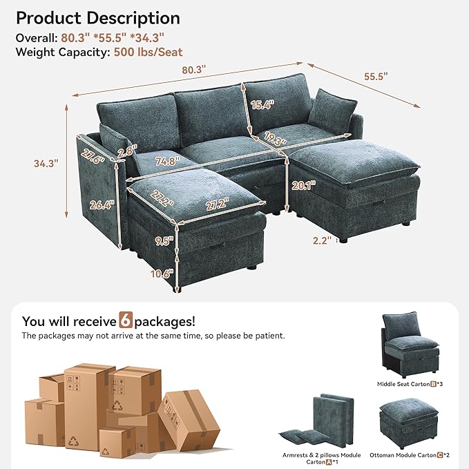 80" Cloud Modular 3 Seater Sofa with 2 Storage Ottoman, Modern Upholstered Storage Sofa Couch Deep Seat, U Shape Sectional Sofa Chenille Comfy Couch with Armrests for Living Room, Small Space, Blue | Modular Sofa, Storage Ottoman, Upholstered Sofa, Sec...