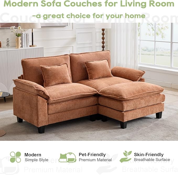 86" Modular Sectional Sofa, Comfy Cloud Couch Sectional Sofa with Ottoman, Chenille Sofa Sleeper Deep Seat Sofa with Throw Pillows for Living Room (Orange, 86"- L Shape)