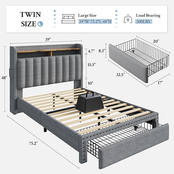 EnHomee Twin Bed Frame Upholstered Twin Bed with Storage Drawers and 2-Tier Vertical Tufted Headboard, Extra Storage Space for Bedroom Apartment, Grey
