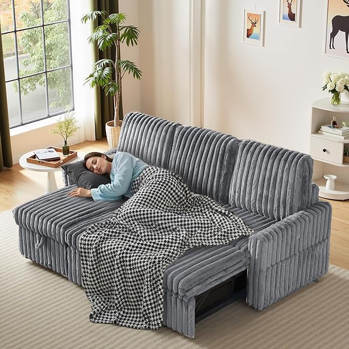 Sleeper Sofa Bed, 81” Pull Out Couch Bed with Reversible Storage Chaise, 3 in 1 L-Shaped Couch with Charging Station, Cup Holder, Side Pocket, Plush Corduroy Couches for Living Room(Light Grey)