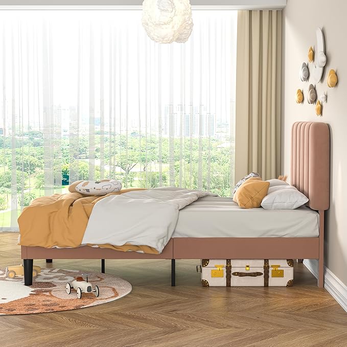 VECELO Twin Size Bed Frame with Upholstered Headboard, Velvet Platform Bedframe Mattress Foundation, Strong Wood Slat Support, No Box Spring Needed,Tan Brown