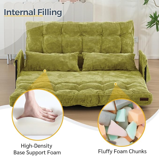 MAXYOYO Adjustable Floor Sofa Couch with 2 Pillows, Multi-Functional Bean Bag Bed, 5-Position Foldable Lazy Sofa Sleeper Bed with Armrest, Versatile Floor Seating for Reading, Green, Double