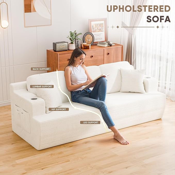 Homall 87” Boneless Sofa Couch with 2 Pillows Extra Deep Seats, Corduroy Fabric 3 Seater with Cup Holder & Storage Pocket Upholstered Floor Easy Installation (White, 3 Seater)
