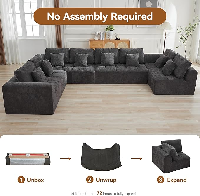 170''Modular Sectional Couches for Living Room, Cloud Boneless Compressed Sectional Sofa, Oversized U Shaped 8 Seater Upholstered Memory Foam Sofa, No Assembly, Chenille Grey