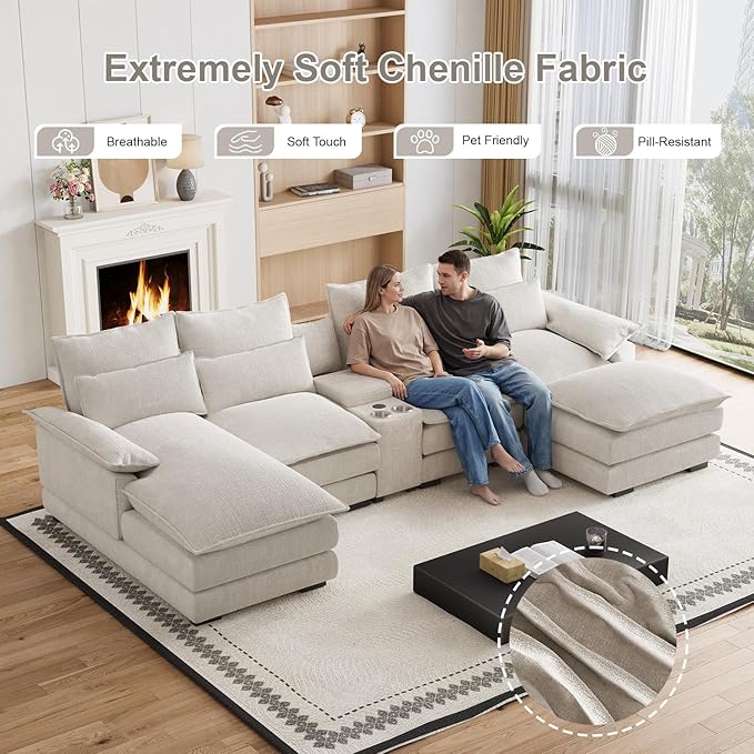 135" U Shaped Cloud Couch Sectional Modular Sectional Couches for Living Room Oversized Comfy Chenille Sofa Cloud Couch Set with Storage Central Console, USB Ports, Chaise Lounge, Ottoman, Cream White