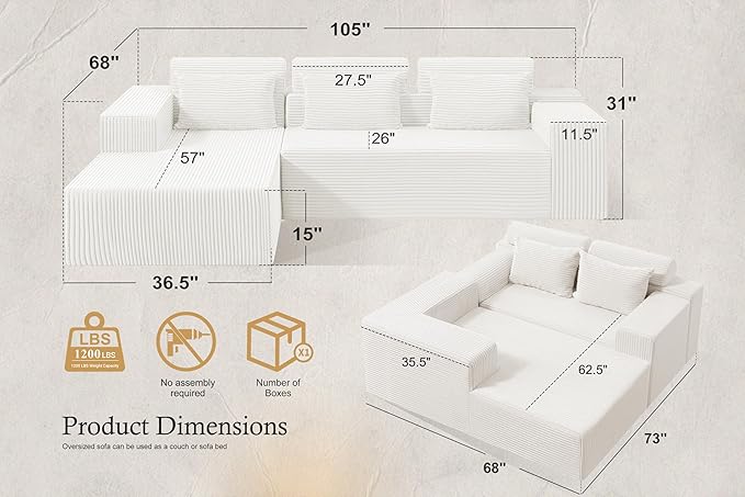 HABUTWAY Sectional Couches for Living Room,No Assembly L Shaped Couch 105" Modular Sectional Sofa Couch with Deep Seat,Cloud Couches Furniture Sets for Apartment,Corduroy (Beige, Left Facing)