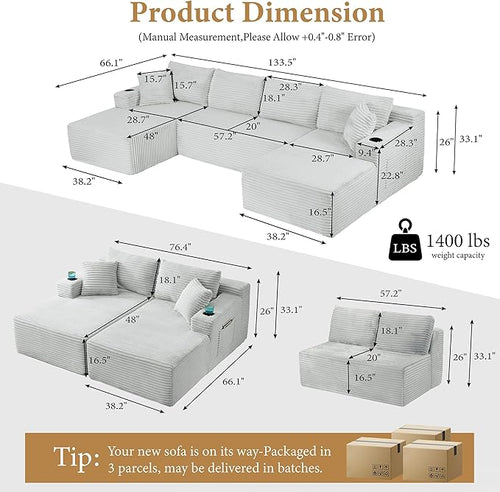 133" Sectional Couches for Living Room Cloud Couch Sofa with L-Shape Upholstered Boneless Couchs Modern Modular Sectional Couch with Chaise (Light Grey, 133" W+U Facing Chaise)