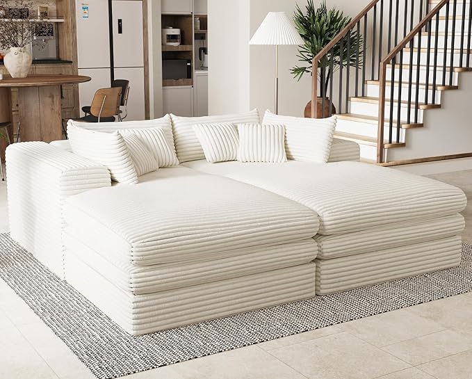 Belffin Double Chaise Lounge Sofa Bed Plush Corduroy Boneless Sectional Cloud Couches for Living Room Boneless Cloud Couch with Deep Seat No Assembly Required. Beige Sofa