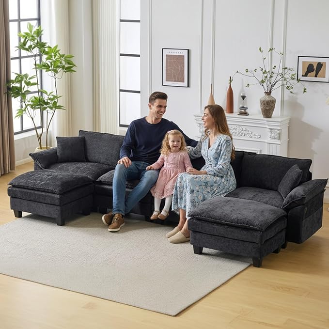 138" Modular Sectional Couch, U Shaped Comfy Cloud Couch with Ottoman and Throw Pillows, Modern Chenille Sofa Sleeper Deep Seat Sofa Couched for Living Room,Apartment(Grey)