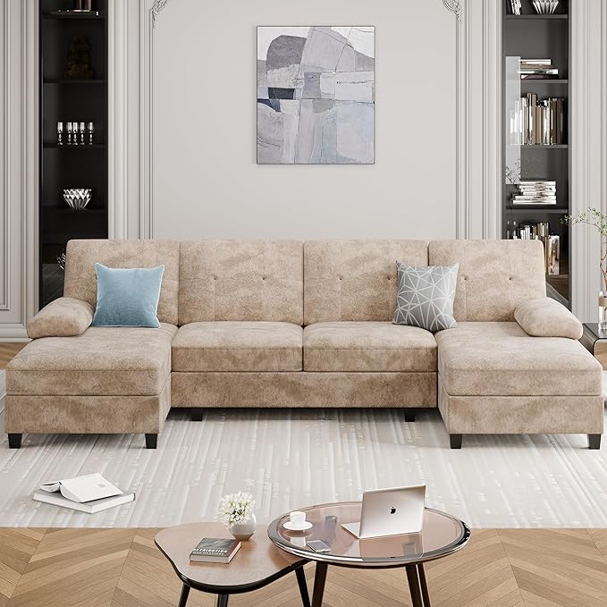 Meilocar Sectional Couches for Living Room, 4 Seat Sofa Set U Shaped Couch with Double Chaise Lounges, Large Couch for Apartment (Light Beige)