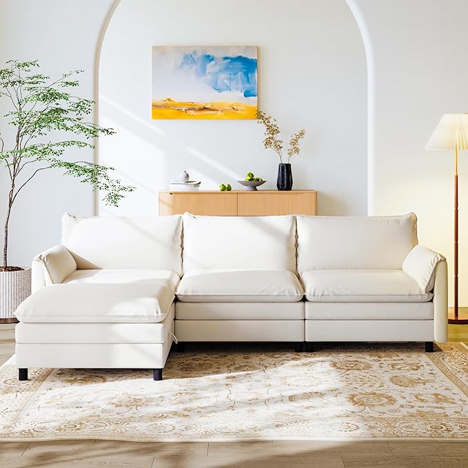 FLEXISPOT SF6 L-Shaped Cloud Sectional Couch with Storage Ottoman, 3-Seater Modular Sectional Sofa, 100.4" Wide Comfy Upholstered Sofa Couch for Living Room Apartment, Chenille White