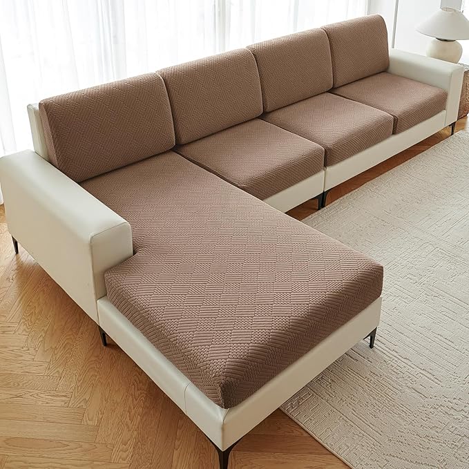 Deep Dream Sectional Couch Covers 8 Pieces, Stretch Couch Cushion Covers, L Shaped Washable Sofa Covers for Left/Right Sectional Sofa (4 Backrest Cover + 3 Seater + 1 Chaise, Brown)