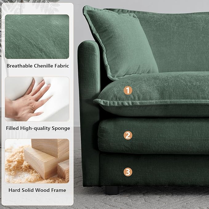 mikibama Modular Sectional Sofa, 76.4 Inch L Shaped Couch Set for Living Room, Loveseat Comfy Cloud Couches with Movable Ottoman, DIY Combination, Chenille, Evergreen