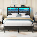 Seventable Full Size Bed Frame with 4 Storage Drawers, Charging Station & LED Lights, Upholstered Headboard with 2-Tier Shelves, Metal Platform Bed, No Box Spring Needed, Noise-Free, Grey
