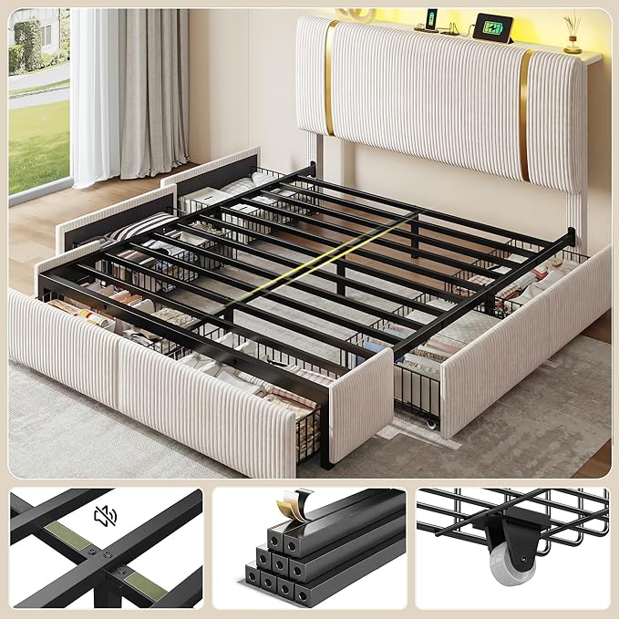 Homkdom Queen Bed Frame with 6 Storage Drawers, Upholstered Bed Frame Queen Size with Adjustable Headboard, LED Light & Charging Station, Heavy Duty Metal Support,Modern,Beige