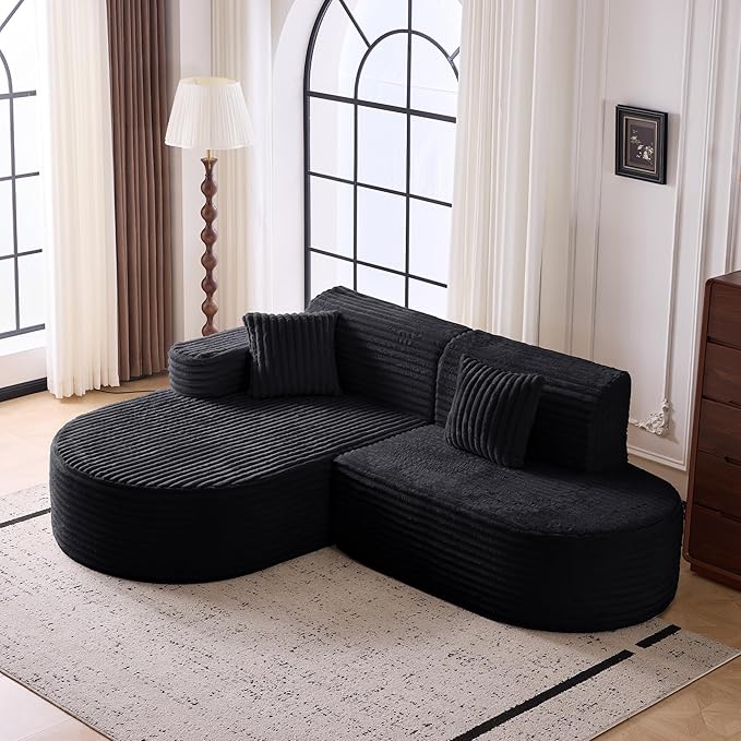 Modern Curved Boneless Sofa Couch, L-Shaped Corner Sofa, Corduroy Upholstered Cloud Sectional Couch for Living Room, Bedroom and Apartment,No Assembly Needed(Black, Left Hand Facing)