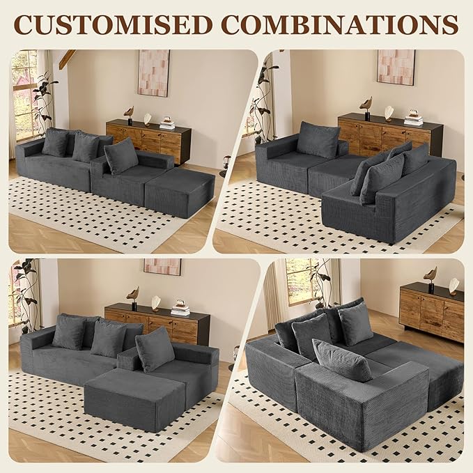 INGEROOM 108" Cloud Sectional Couch with L-Shape Chaise, Modular Sofa Memory Foam, Boneless Sofa with Movable Ottoman, Upholstered Couches for Living Room Bedroom, No Assembly Required, Dark Gray