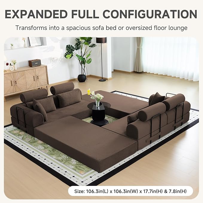 106" L-Shaped Boneless Sectional Couch, 2-Piece 70.87" Modules, Converts to 141.7" Extra-Long Straight Sofa, Corduroy Couch in a Box with Headrest & Back Pillows for Living Room, Brown