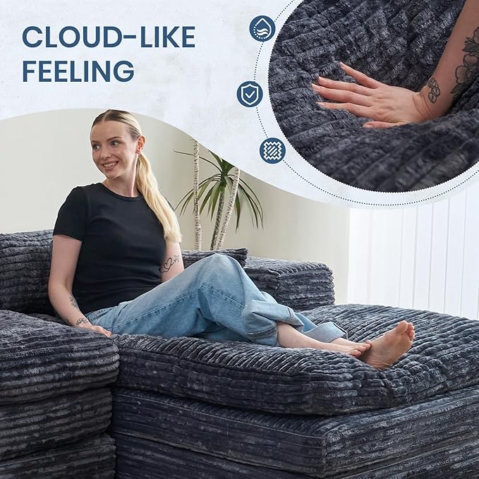 Belffin Plush Corduroy L Shaped Couch with Deep Seat Boneless Modular Sectional Cloud Boneless Couches for Living Room. Left Facing Chaise. Grey Sofa