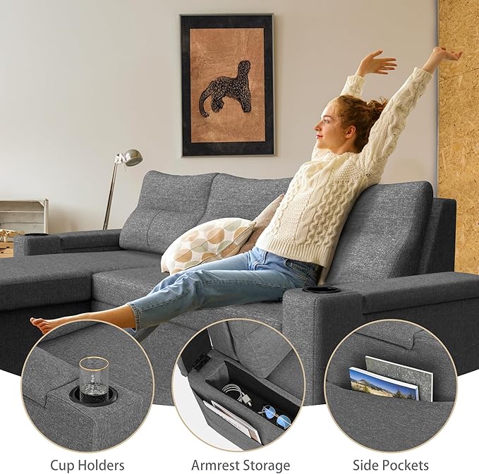 Pamapic 81" Sleeper Sofa with Armrest Storage,L-Shaped Sofa with Supportive Cushions,Cup Holders,Side Pockets,Pull Out Sleeper Sofa Bed,Pullout Sectional Sofa Couch with Large Storage,Gray