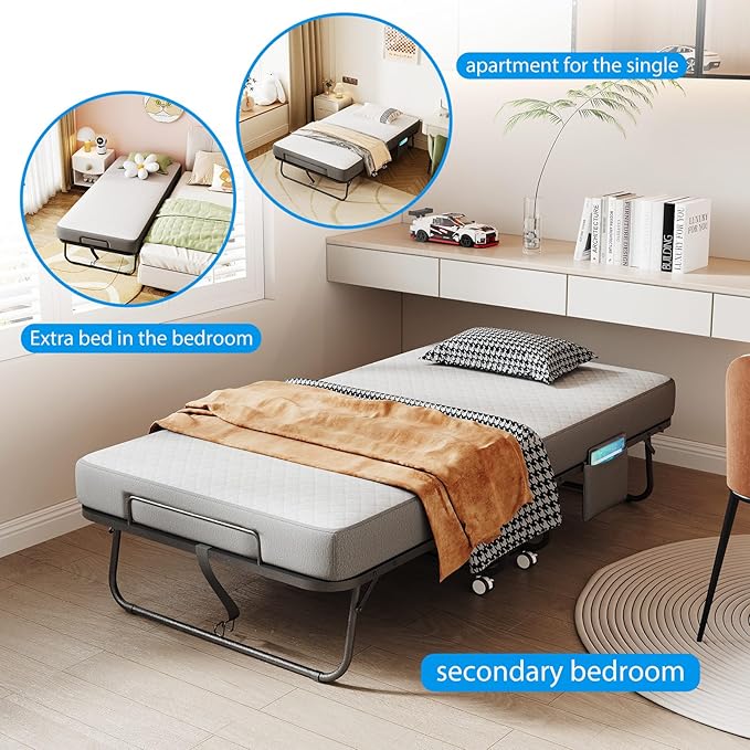 Folding Bed with Mattress for Adults, 75" x 38" Twin Size Rollaway Bed with Memory Foam Mattress, Portable Foldable Guest Bed with Metal Frame, Deluxe Single Bed for Side Storage Pocket