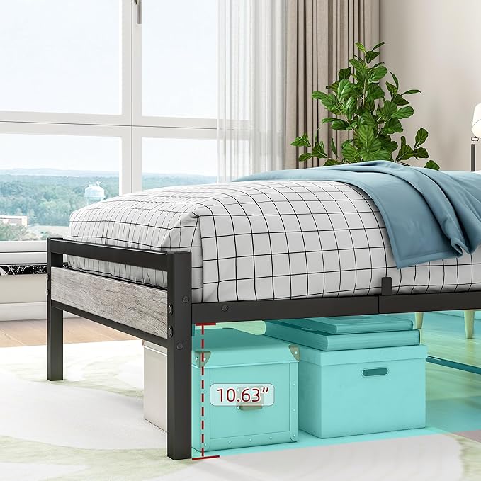 BOFENG Twin Bed Frame with Wood Storage Headboard/USB Charging Station,Heavy Duty Metal Single Platform Bed Frames No Box Spring Needed,Heavy Duty Metal Slats,Noise Free,Greige