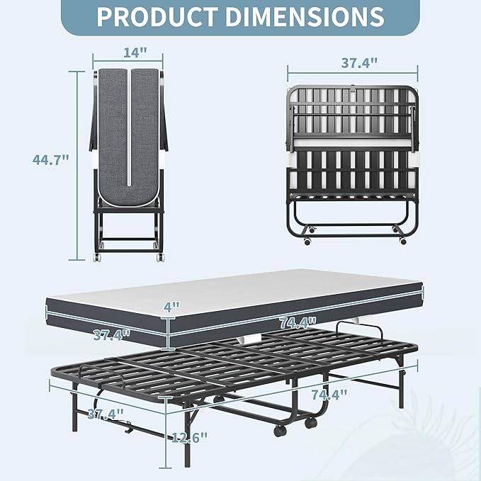 Folding Bed, 74.4"x38" Portable Beds for Adults, Heavy Duty Sturdy Metal Frame, Foldable Bed on Wheels for Twin Size, Space Saving Rollaway Bed for Guest Easy Storage