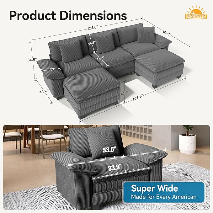 U Shaped Modular Cloud Couch, 123.6'' Comfy Corduroy Sectional Sofa with Wider Armrest and Ottoman, Upholstered 5-Seat Modern Deep Seat for Bedroom Living Room, Grey