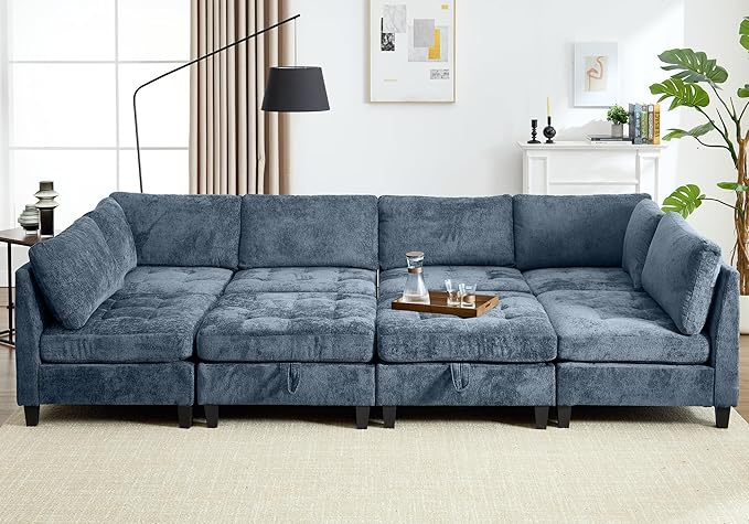 Luxe Oversized Modular Sectional Sofa, Modern Chenille Convertible Sleeper Sofa with Storage Ottoman, Comfy Deep Seat U-Shaped Cloud Couch for Living Room（Blue，6-Seater + 2 * Ottoman + Tea Tray）