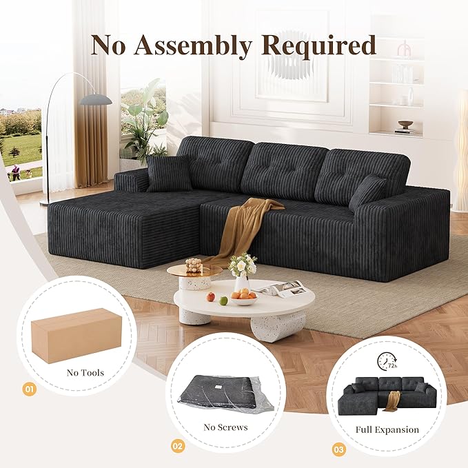 Ball & Cast 106" Boneless Sectional Sofa, Corduroy Modular L Shaped Couch with Deep Seat Chaise, Cloud Style Oversized Sofa for Living Room, No Assembly, Right Facing,Grey
