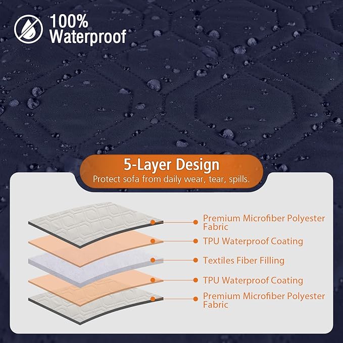 VANSOFY Upgraded Sectional Couch Covers 100% Waterproof L Shaped Sofa Slipcover Reversible Chaise Lounge Cover for Sectional Sofa Furniture Protector Cover for Pets(Small, Dark Blue)