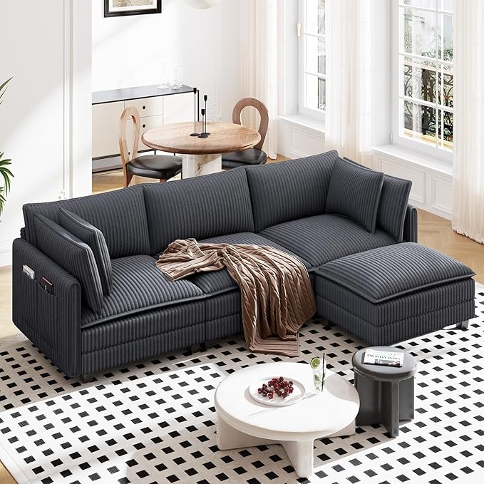 Vesgantti 143" L Shaped Modular Sectional Couch, Comfy Corduroy Upholstered Cloud Couches for Living Room, Modern 3 Seater Sofa with Movable Ottoman & Throw Pillows, Charcoal Grey