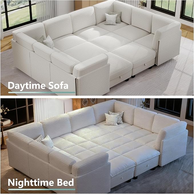 Modular Sectional Sofa with Adjustable Backrest, Large Convertible L/U-Shaped Sleeper Couch for Living Room, Cloud Sofa Bed Modern Reversible Design, Beige