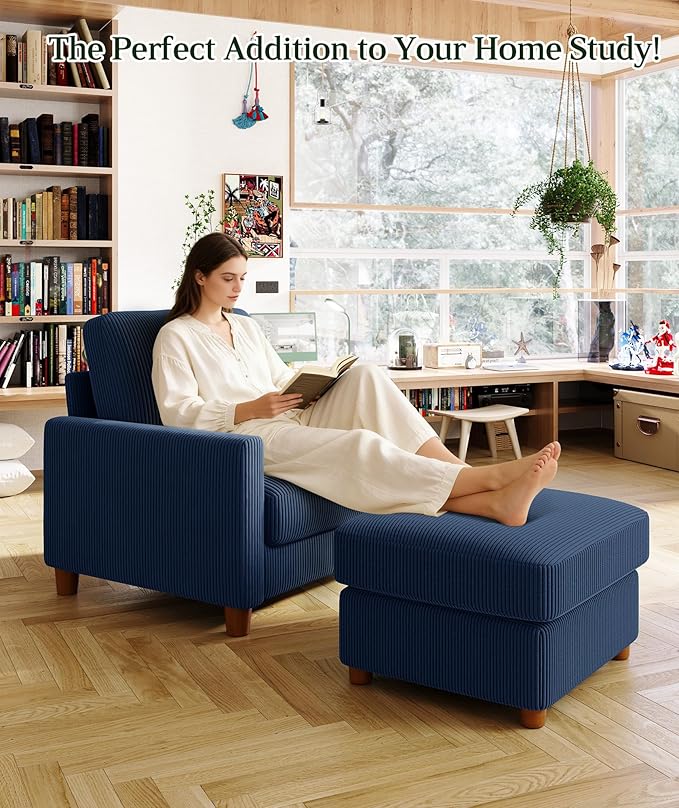 25.2" Couches for Living Room, Comfy Blue Ottoman with Storage, Foot Rest Tool-Free Setup, Small Ottoman Foot Rest for Couch, Corduroy Couch for Bedroom, Apartment, Office