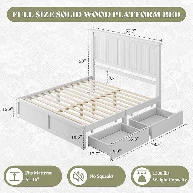 AMERLIFE Solid Wood Full Size Storage Bed Frame with Headboard, Platform Bedframe with 2 Storage Drawers, Beadboard Design & Wooden Slats/No Box Spring Needed/Noise-Free, Coastal White Finish