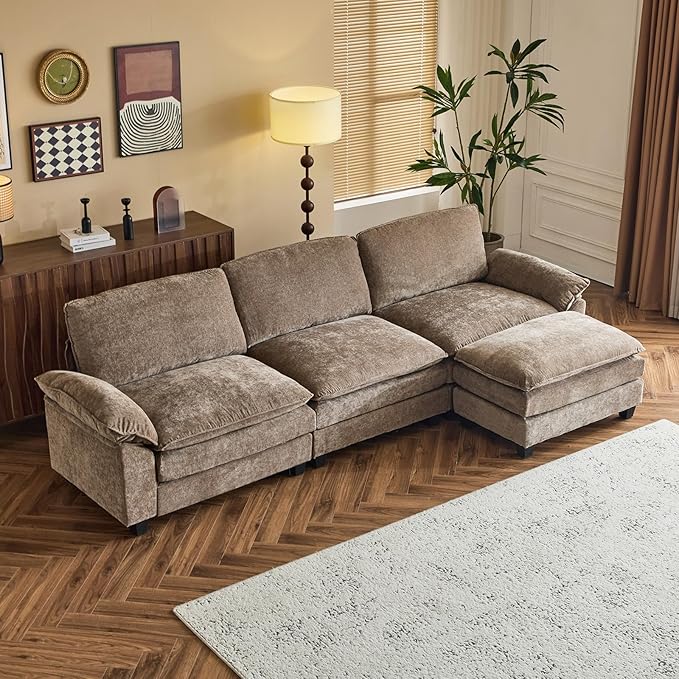 VINGLI Convertible Modular Sectional Sofa with Deep Seat & Movable 2-Layer Ottoman, L-shape Cloud Sofa with Chaise &Armrests, Oversized 3-Seater Couch for Living Room & Apartment, Chenille,Light-Brown