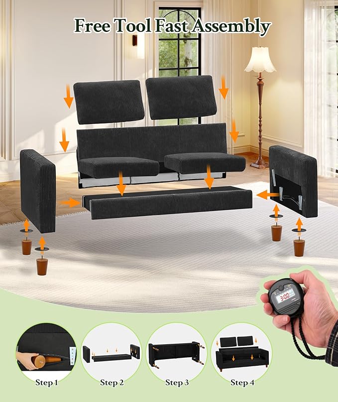 70.2" Couches for Living Room, Comfy Black Couch 7.1" Extra Thick Cushion, Sofas for Living Room Tool-Free Setup, Loveseat Sofa 705lbs Support, Corduroy Couch for Bedroom, Apartment, Office