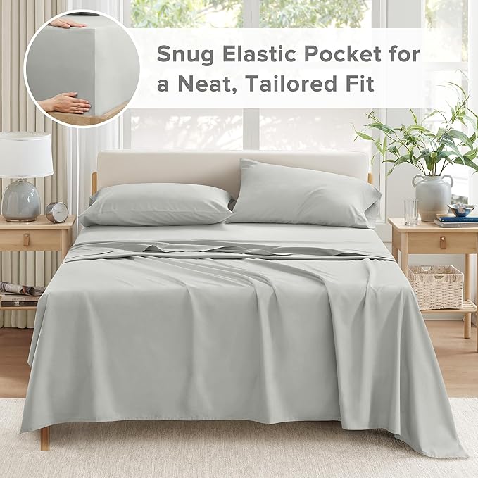 Comfort Spaces Extra Deep Pocket, 100% Cotton Queen Fits up to 24" Mattress, Breathable, Naturally Cool Cotton, Soft Cotton Sheets, All Seasons Sheet Set, Grey 4 Piece