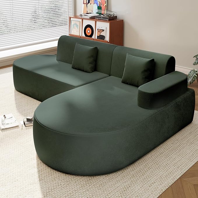 MELLCOM Modern Curved Boneless Sofa Couch, L-Shaped Corner Sofa, No Assembly Needed, Chenille Upholstered Cloud Sectional Couch for Living Room, Bedroom and Apartment (Green, Right Hand Facing)