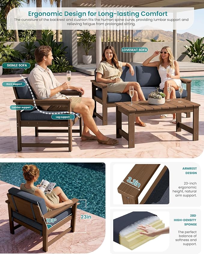 SERWALL HDPE Outdoor Loveseat with Cushions, All Weather Use Outdoor Loveseat Sofa, Brown Frame/Grey Cushion