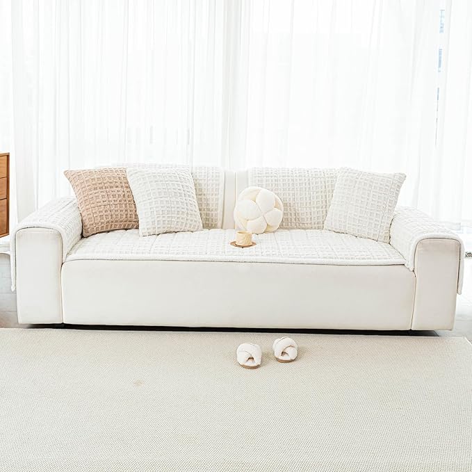 Dog Couch Cover, Couch Cover for Dogs Washable, Funny Fuzzy Plush Sofa Covers, Non Slip Dog Covers for Couches and Sofas, Sofa Pad Furniture Protector for L Shaped(Beige White, 27.6"x 27.6")