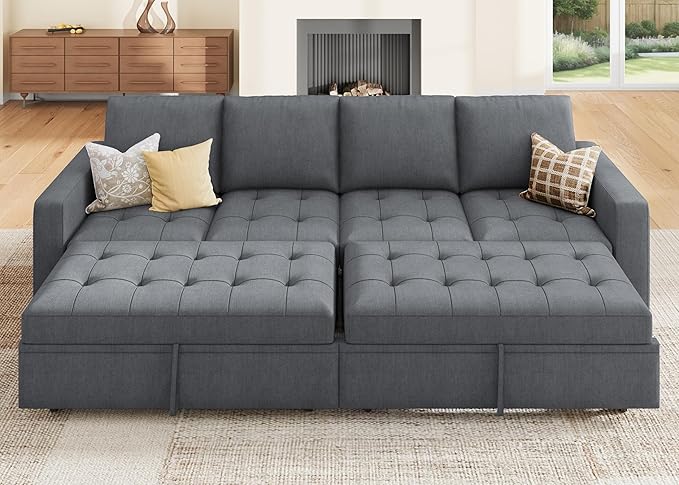 HONBAY Modular Sectional Sleeper Sofa with Pull Out Couch Bed, Convertible Sectional Couches for Living Room,Bluish Grey