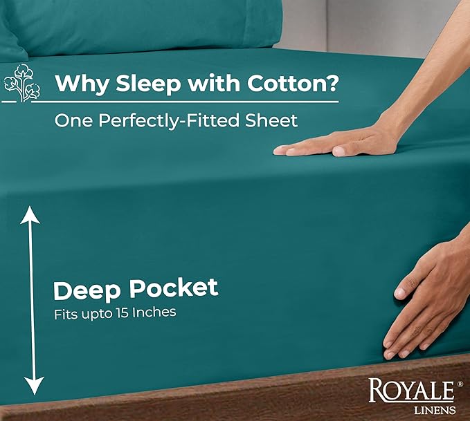 Royale Linens 100% Organic Cotton Fitted Sheet - Percale Weave - Super Soft Deep Pocket Bottom Sheets - Elastic Sheet Twin XL Size - Twin XL Fitted Sheets Only - (39"x80"+15", Teal)