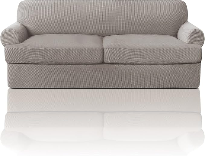 PrinceDeco T Cushion Sofa Slipcover 3 Pieces Sofa Covers for T Cushion Couch Soft Couch Covers Sofa Slip Cover Furniture Covers with 2 Individual T Shape Seat Covers Width Up to 88", Taupe