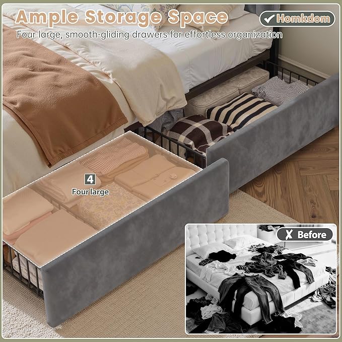 Homkdom Velvet Upholstered King Size Bed Frame with 4 Storage Drawers, Vertical Arched LED Headboard, Sturdy Wood Slats Support, No Box Spring Needed, Grey