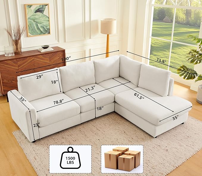100” L-Shaped Couch with Reversible Chaise, Chenille Modular Sectional Sofa, 4-Seater Corner Couch for Living Room, Apartment, Beige