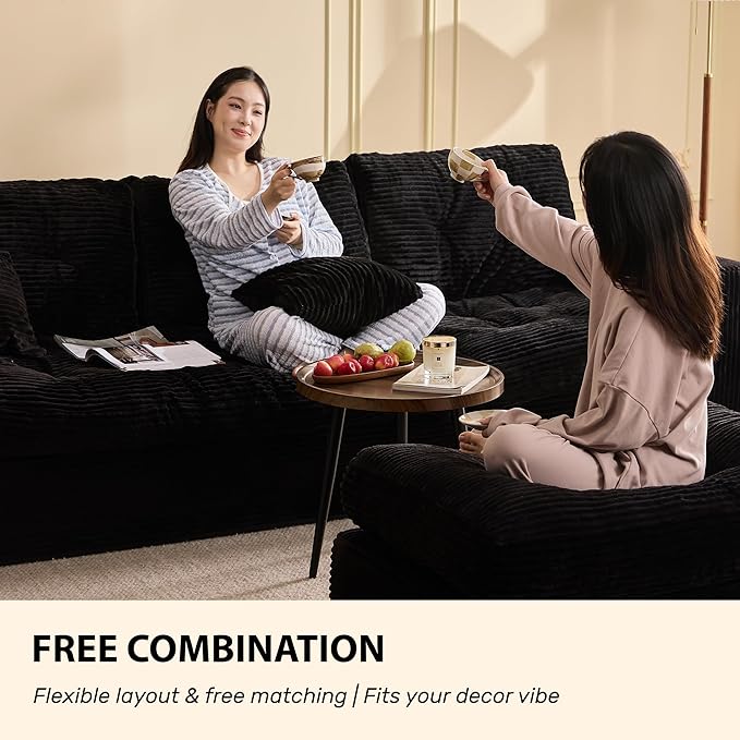 Modular Sectional Sofa, 102” L-Shaped Corduroy Couch with Ottoman, Deep Seat Comfy Sectional for Living Room, Set of Soft Upholstered Cloud Couch for Apartment, Black
