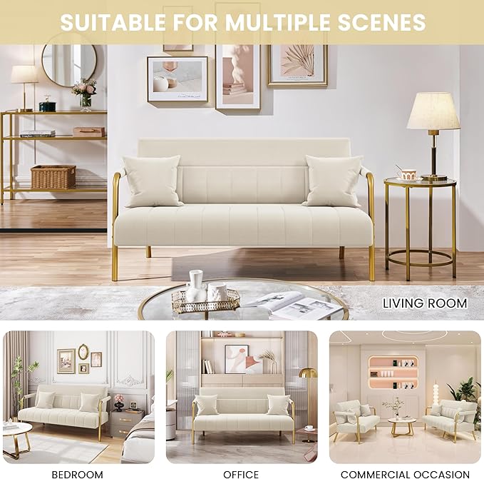 Yaheetech 56.5" W Modern Sofa Small Sofa Luxurious Velvet Fabric Couch with Gold-Tone Metal Arms and Legs for Living Room, Home Office, Studio Beige